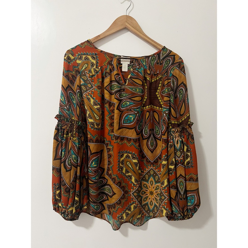 Chicos Orange Paisley Medallion Split Neck Smocked Balloon Sleeve Blouse Small